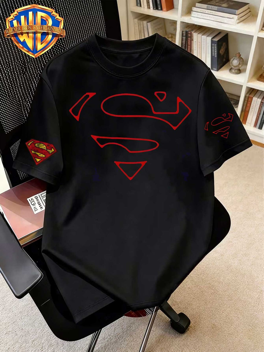 Warner Bros Official Superman Logo Print Crew Neck T-Shirt for Men, 100% Pure, Casual, Comfortable, Versatile, Loose Fit, Summer Short Sleeve T-Shirt, Suitable for Outdoor Wear, Gym, Office, and Daily Fashion, A Men's Wardrobe Essential, Unisex - Black