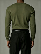 Men'S Long Sleeve, Multi-Color Optional Ribbed Henley Slim Fit Casual Solid Top, High-Quality Fitted T-Shirt - Military Green