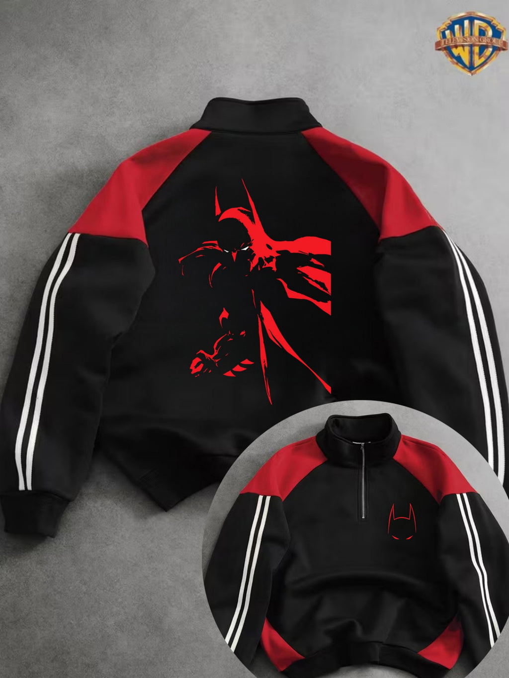 Warner: Trendy High-street Racing Suit with a Cool and Edgy Style, Featuring a Batman Red Print. This Autumn/winter 1/4 Zip-up Long-sleeve Sweatshirt in Black and Red Color-blocking Is Suitable for Daily Casual Wear - Black
