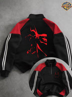 Warner: Trendy High-street Racing Suit with a Cool and Edgy Style, Featuring a Batman Red Print. This Autumn/winter 1/4 Zip-up Long-sleeve Sweatshirt in Black and Red Color-blocking Is Suitable for Daily Casual Wear - Black