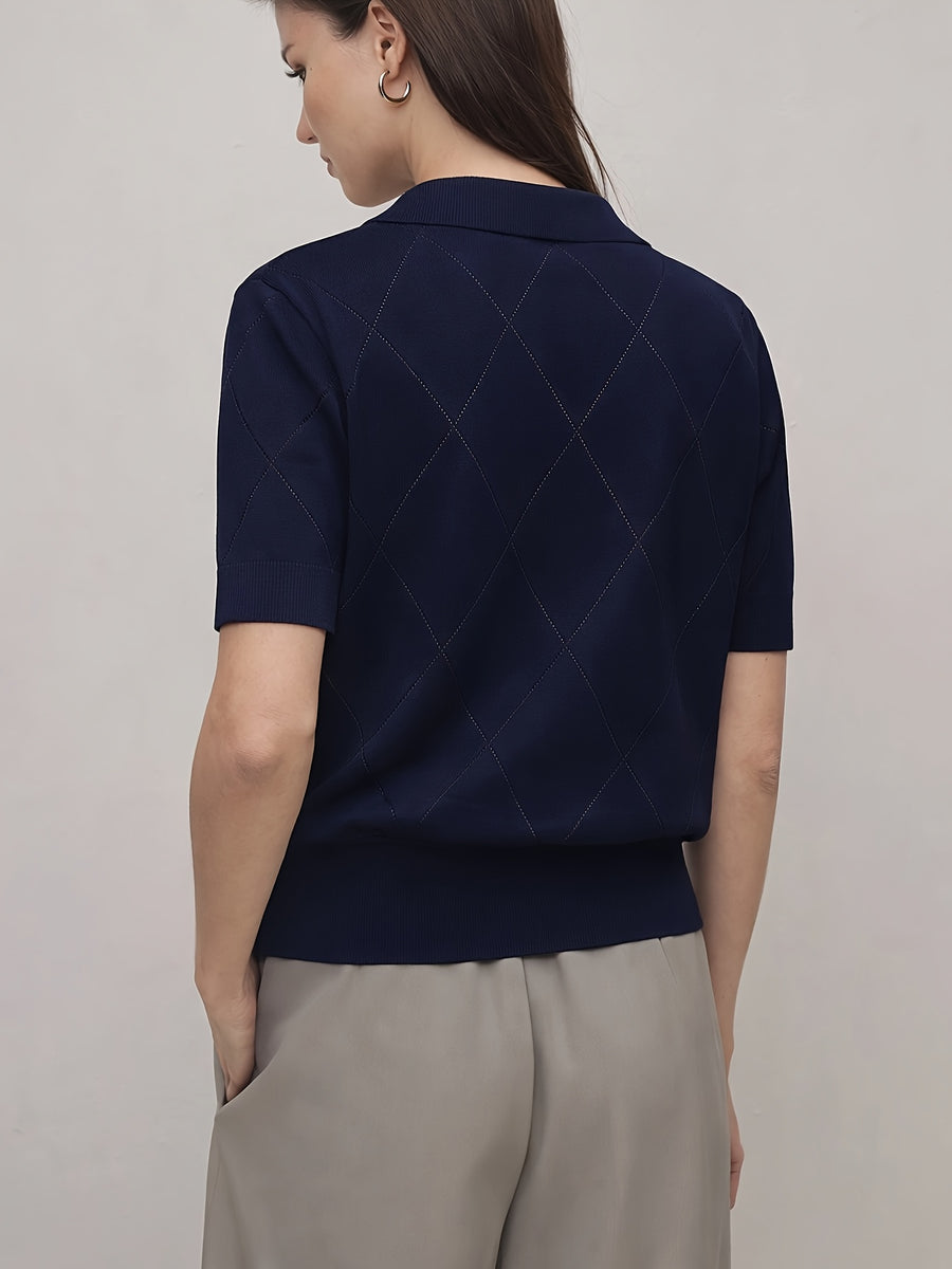 Women's Collar Rhombus Pattern Short Sleeve Top, Versatile Commuter Style for Spring and Summer - Navy Color
