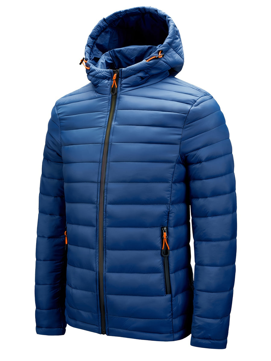 Men's Winter Padded Coat, Hooded Padded Top, Warm Quilted Jacket with Colorful Zipper Pockets - Blue