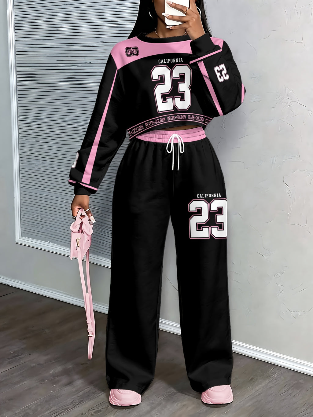 2pcs Women Y2K Sport Set, Pink Black Colorblock Crop Top + Wide Leg Sweatpants California 23 Letter Print Casual Tracksuit - Mixed colors