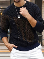 Men'S American Retro Heavyweight Cable Knit Sweater, Men'S Thick Casual Round Neck Pullover, Autumn Winter Loose Oversized Inner Outerwear Top - SINBOS - Black