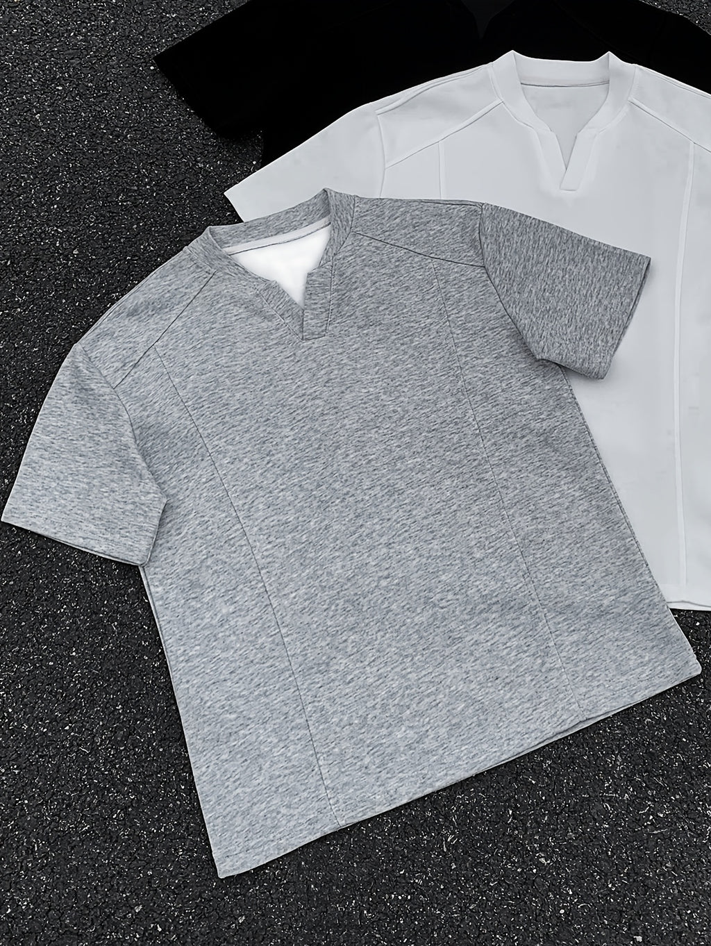 Men's American-Style Deconstructed Patchwork V-Neck Drop-Shoulder Short-Sleeve T-Shirt, Summer Loose-Fit Designer Short-Sleeve Top, Trendy - Grey