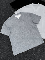 Men's American-Style Deconstructed Patchwork V-Neck Drop-Shoulder Short-Sleeve T-Shirt, Summer Loose-Fit Designer Short-Sleeve Top, Trendy - Grey
