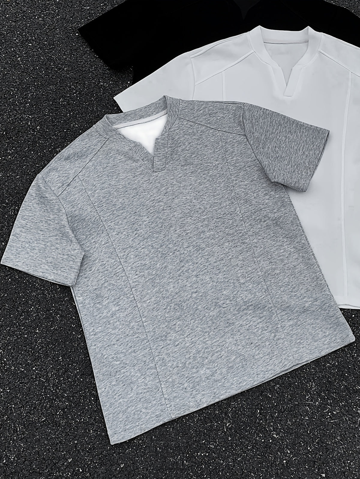 Men's American-Style Deconstructed Patchwork V-Neck Drop-Shoulder Short-Sleeve T-Shirt, Summer Loose-Fit Designer Short-Sleeve Top, Trendy - Grey