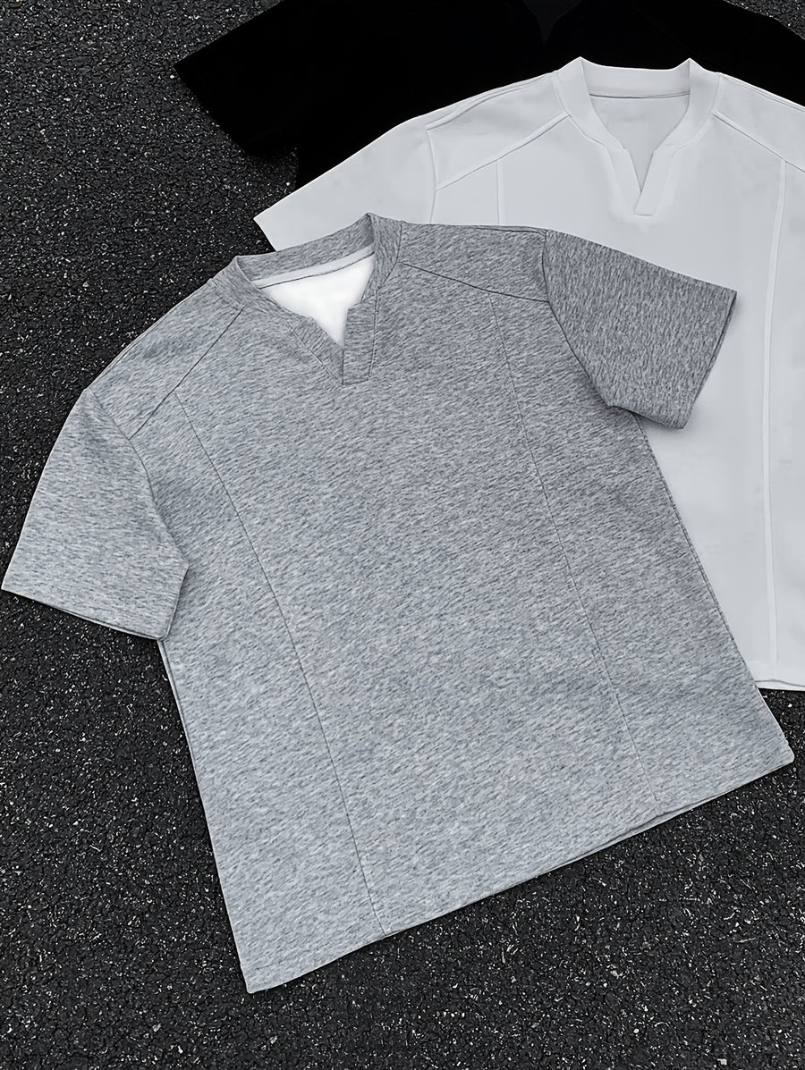 Men's American-Style Deconstructed Patchwork V-Neck Drop-Shoulder Short-Sleeve T-Shirt, Summer Loose-Fit Designer Short-Sleeve Top, Trendy - Grey