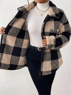 Women's Plush Faux Teddy Jacket - Elegant Collar Plaid Coat with Pockets, Gray & White Contrast Suitable for Fall/Winter, Warm Blazer for Casual Outerwear, Machine Washable Teddy Coat - Black apricot
