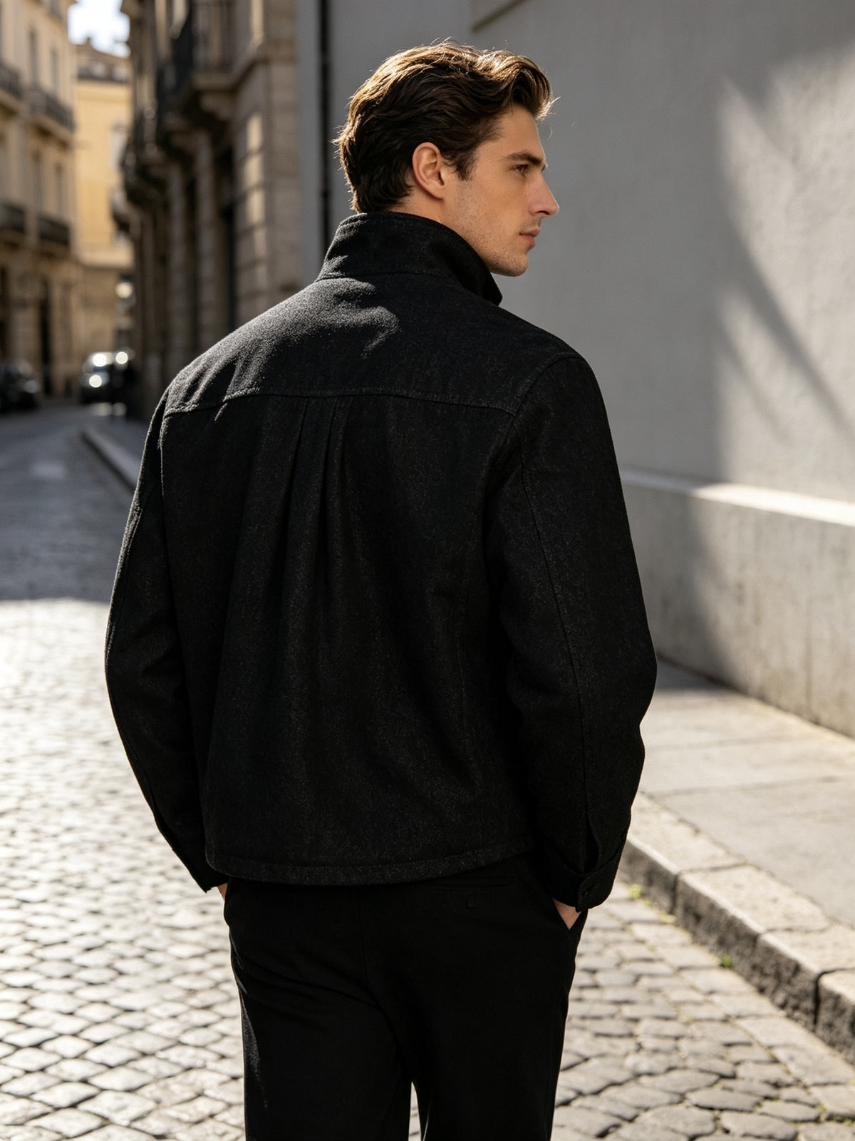 Heavy-duty Jacket, Autumn Streetwear Brand, Three-Dimensional Cut, Curved Denim Jacket, Multi-Style Irregular Loose Fit, Stand Collar Button-Up Outerwear, Unisex - Black