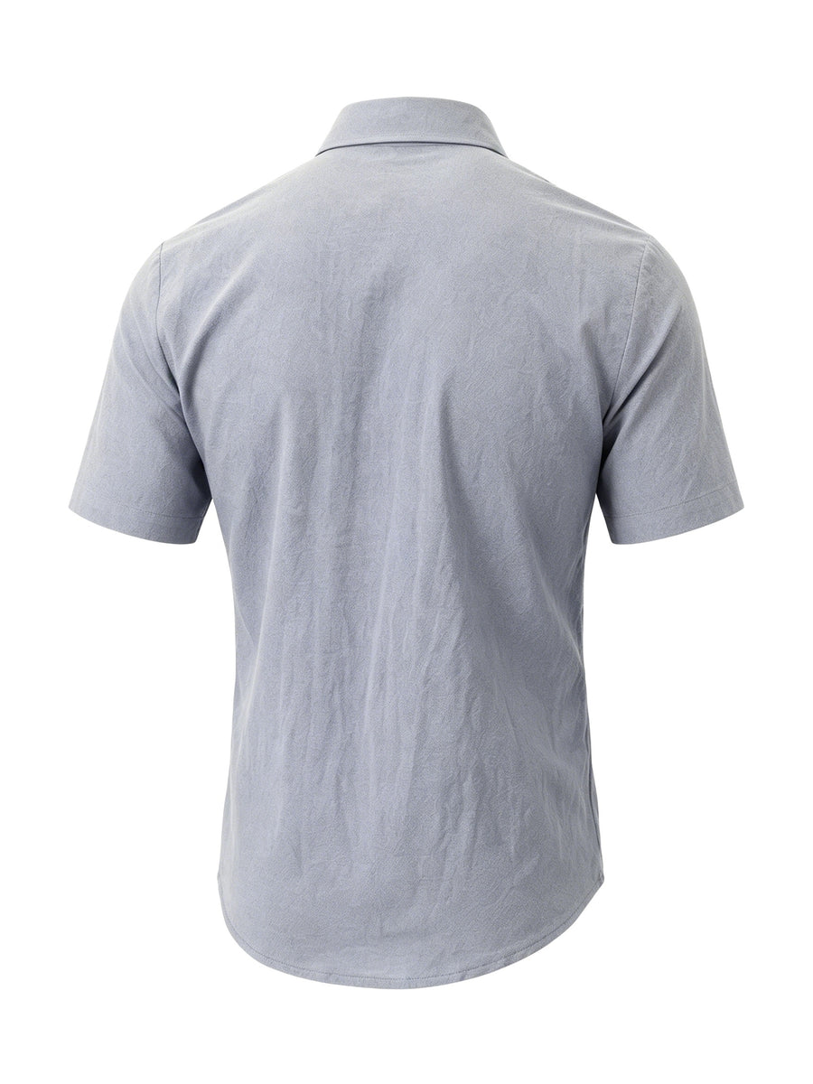 Men's Solid Color Button-Up Lapel Collar Short Sleeve Shirt - Breathable Textured Linen Button-Front Collar Shirt Suitable for Beach, Casual & -Casual Wear, Summer Office Outfits - Non-Stretch Button Collar - Light Grey