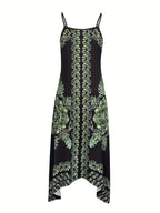 Spring/Summer Women's Ethnic Print Vintage Casual Versatile Fashion Spaghetti Suspender Dress Elegant French-Style Daily Wear - Black
