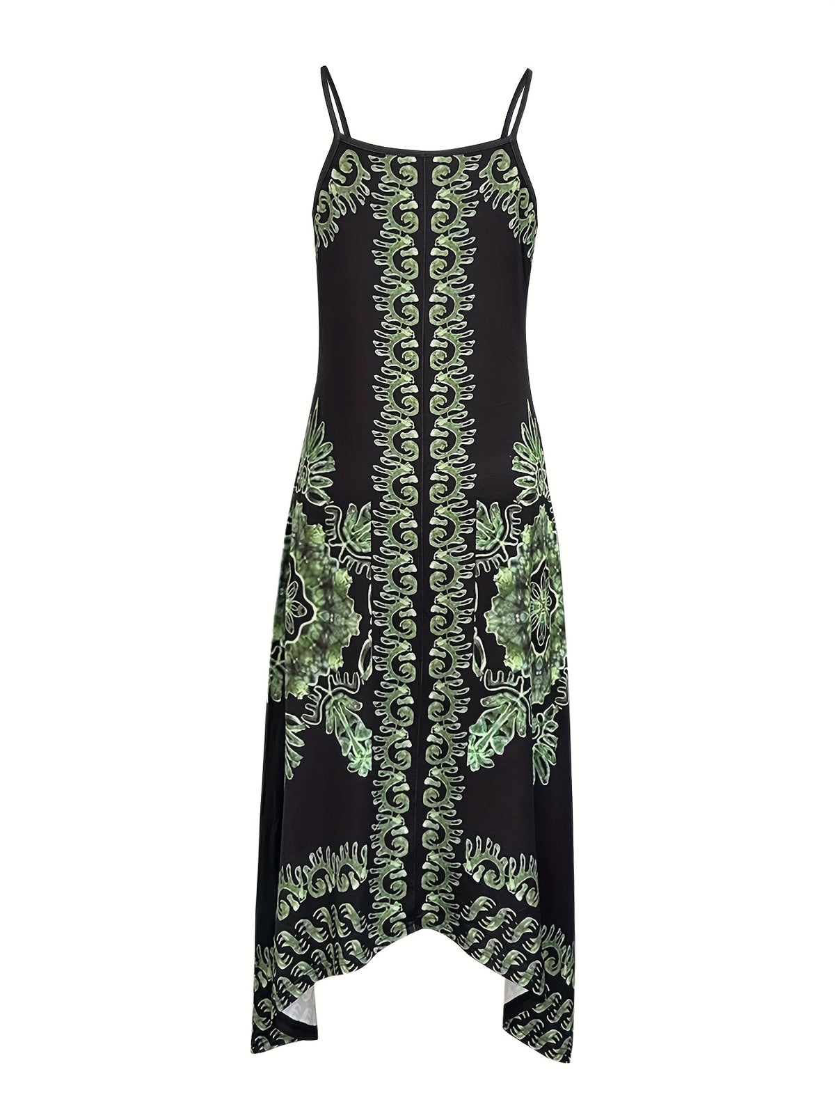 Spring/Summer Women's Ethnic Print Vintage Casual Versatile Fashion Spaghetti Suspender Dress Elegant French-Style Daily Wear - Black