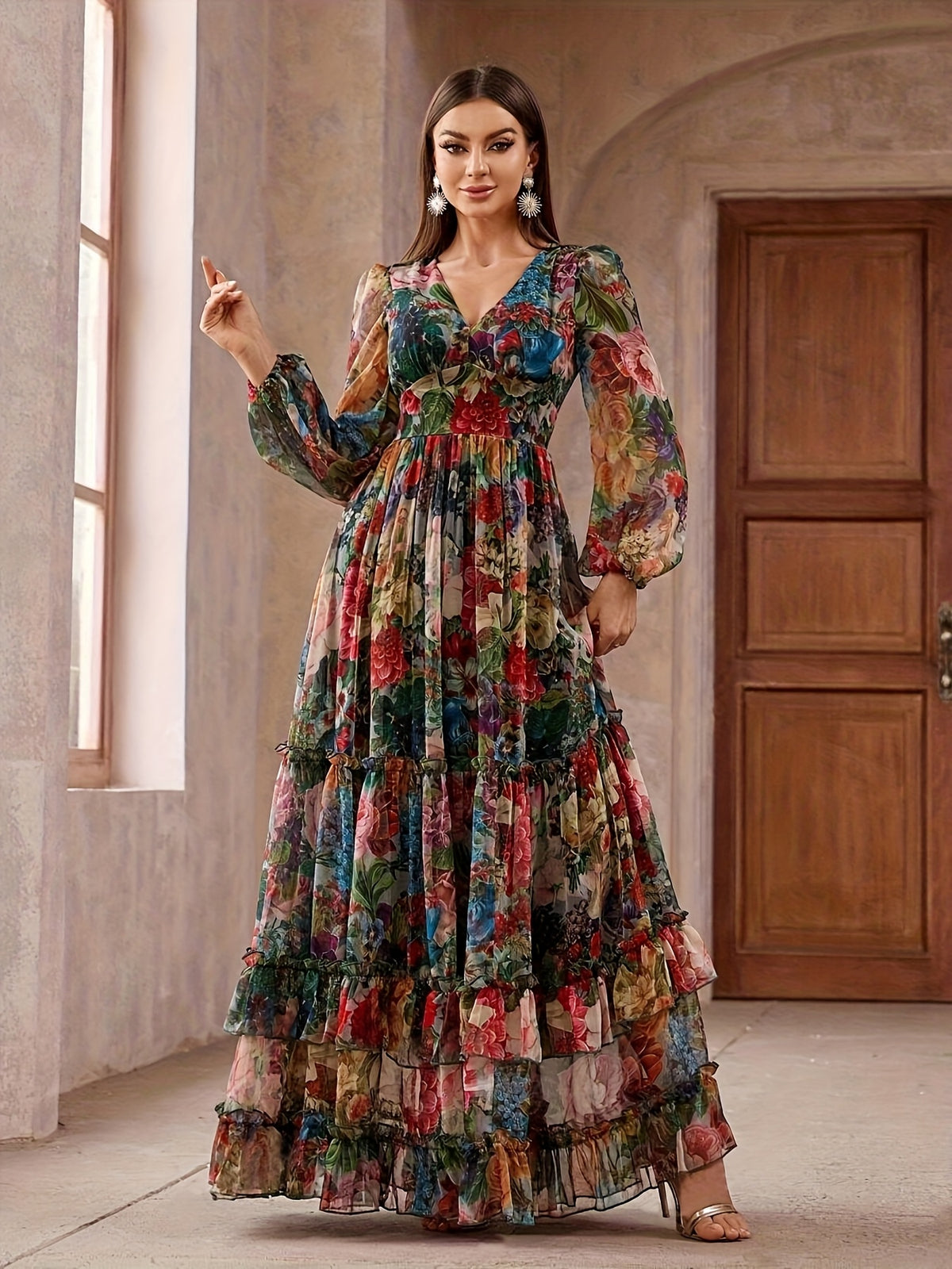 P432 V-Neck Cake Skirt, Multi-Layer Ruffled Flowing Mesh Long Dress, Party Evening Bohemian Style Colorful Women'S Bridesmaid Dress - Multicolor