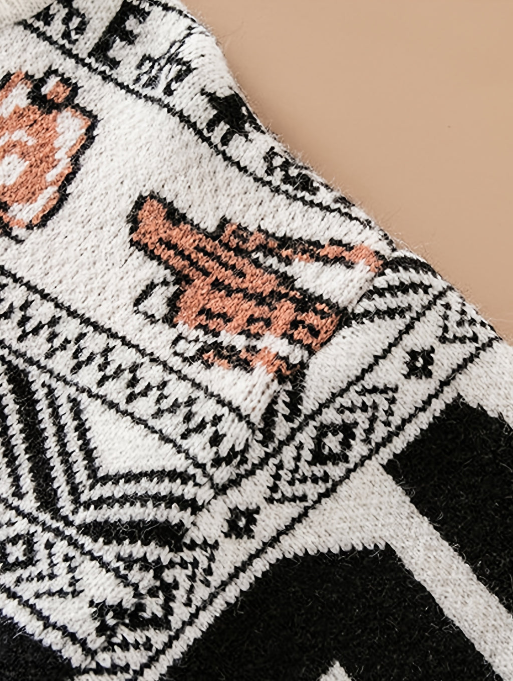 Men'S Multi-Color Ethnic Jacquard Knit Sweater, Round Neck Pullover with Geometric Letter Vintage Jacquard Pattern, Fashionable Casual Fall/Winter Fitted Style, Trendy Top for Middle-Aged Men - Apricot