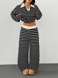 YY0909001 Women's 2pcs Set Loose Striped V-Neck Drop Shoulder Long Sleeve T-Shirt and Elastic Waist Striped Pants - Black