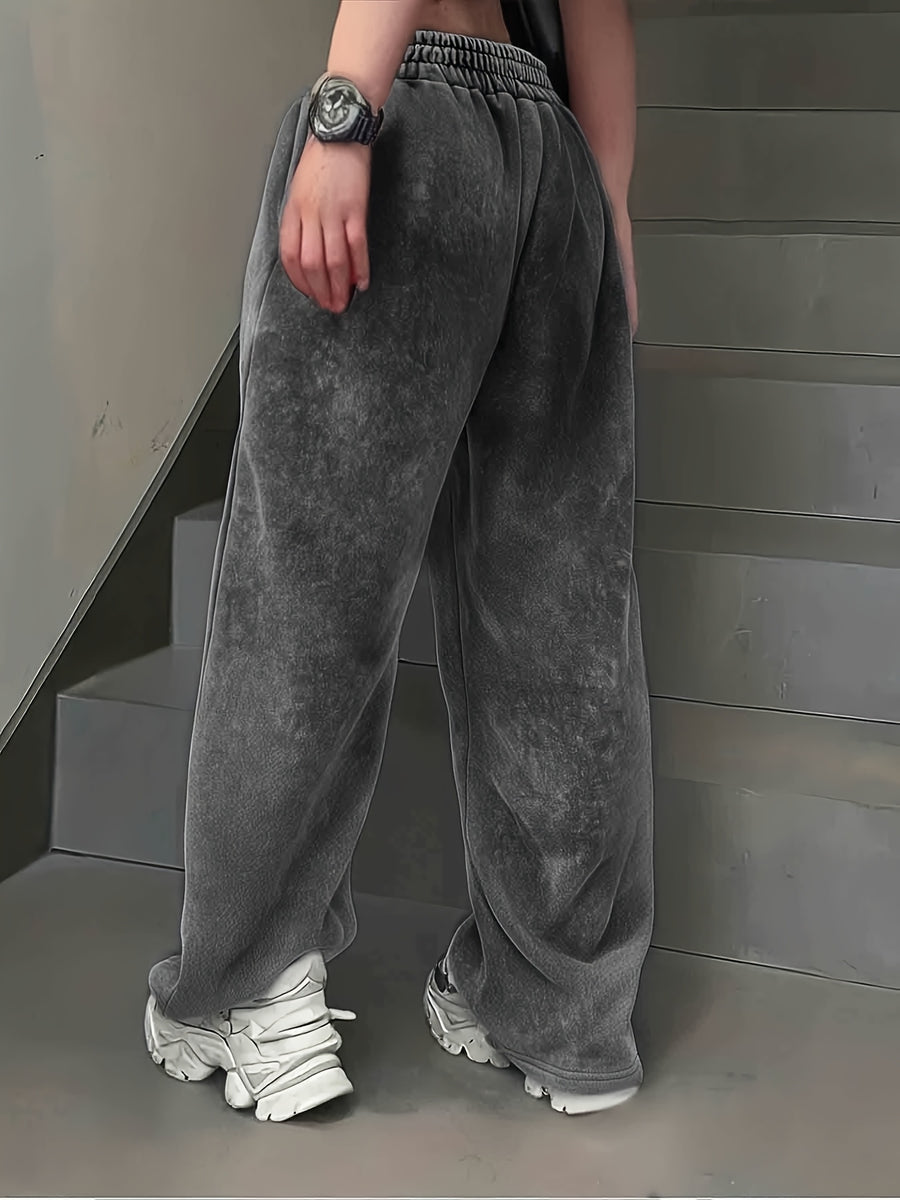 Women'S Casual Stretch Drawstring Waist Long Pants | Vintage American Street Style, Printed, Pocket Details, All-season Wear - Black