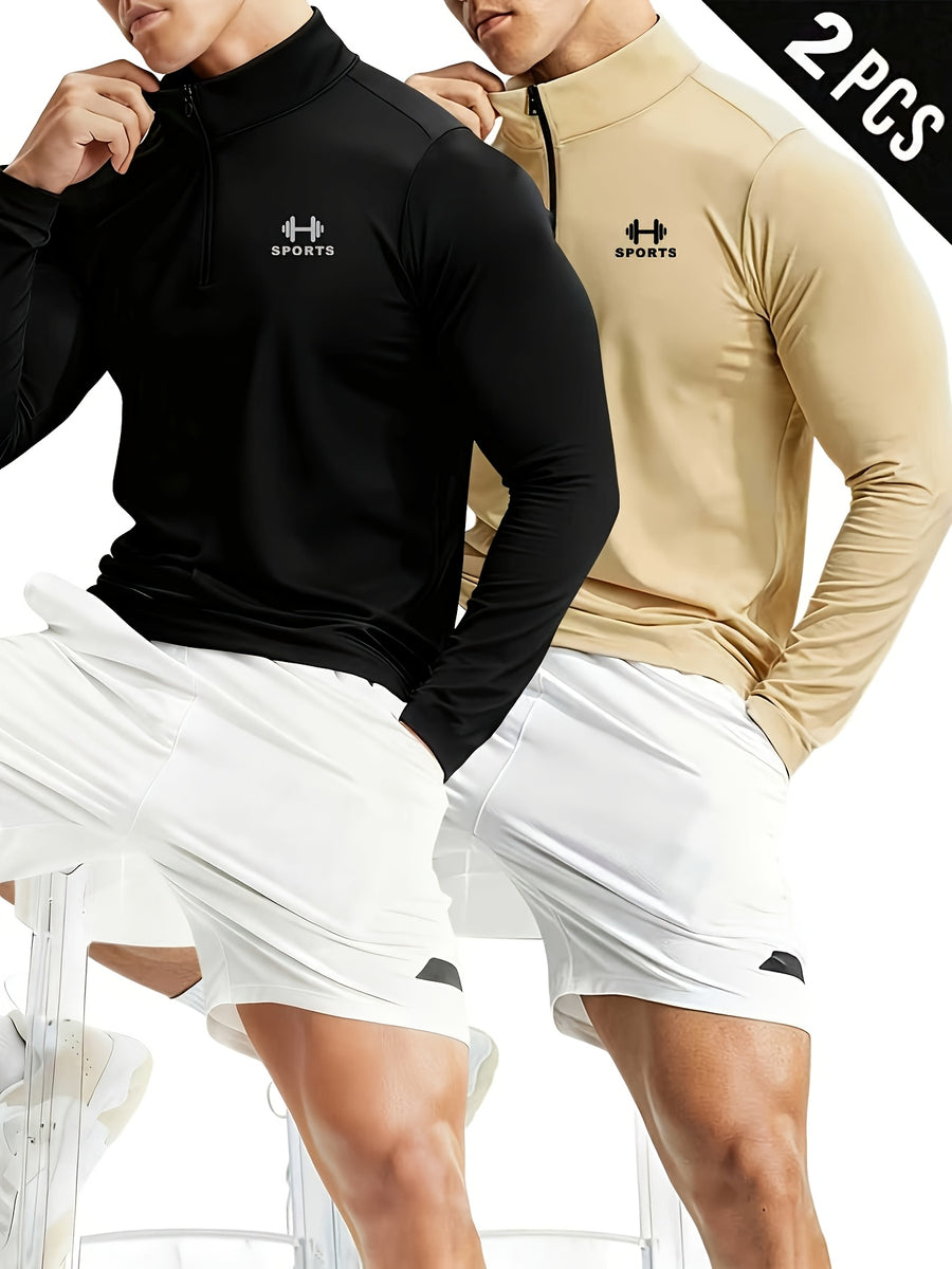 2pcs Set Men'S Casual Athletic Long Sleeve, Casual Athletic Top, Men'S Slim Fit Athletic Polo Shirt, Men'S Stand-Up Collar Polo Shirt, Fashionable And Versatile, Slim Fit, Half-Zipper Stand-Up Collar Design Detail, Suitable for Jogging, Cycling - Black+khaki