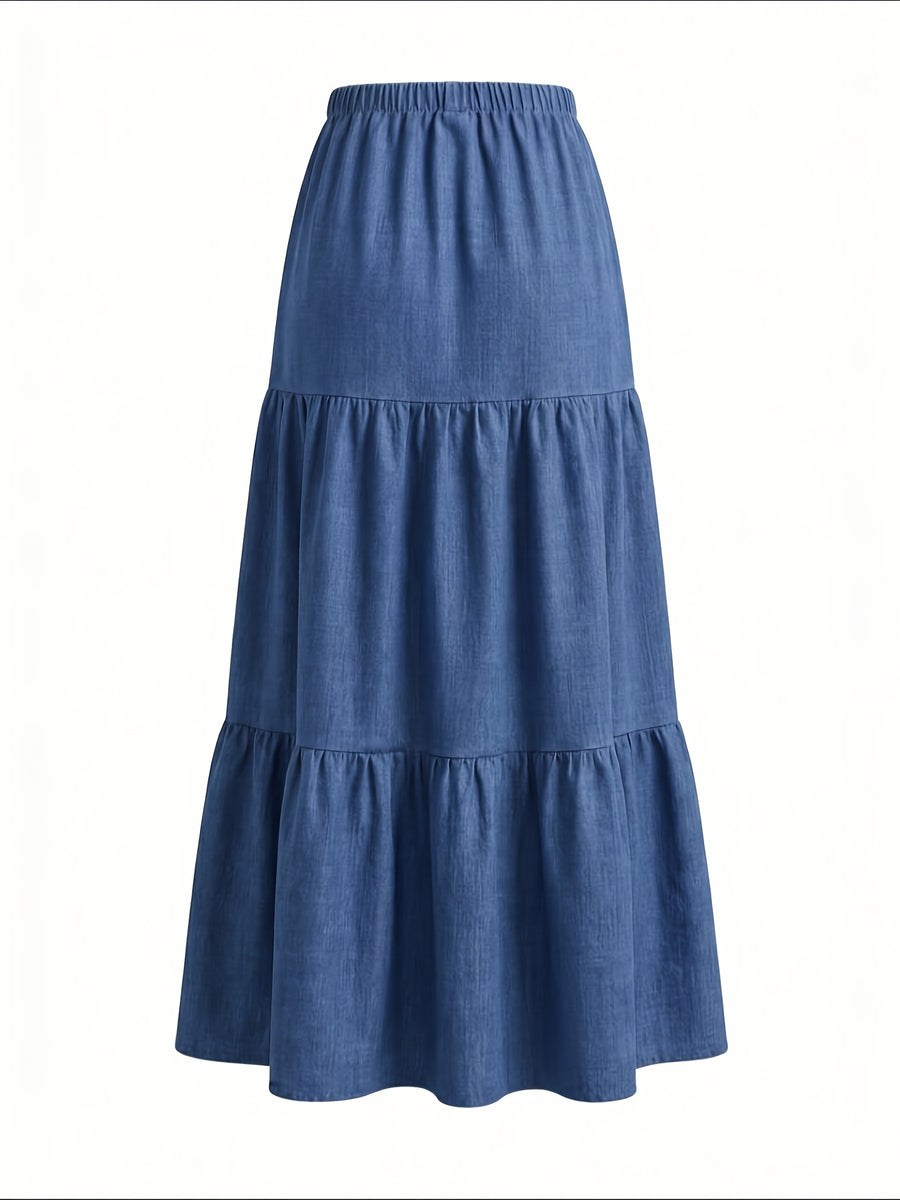 Women'S Drawstring Maxi Skirt Casual Loose Cake Skirt Patchwork Flared Skirt - Blue