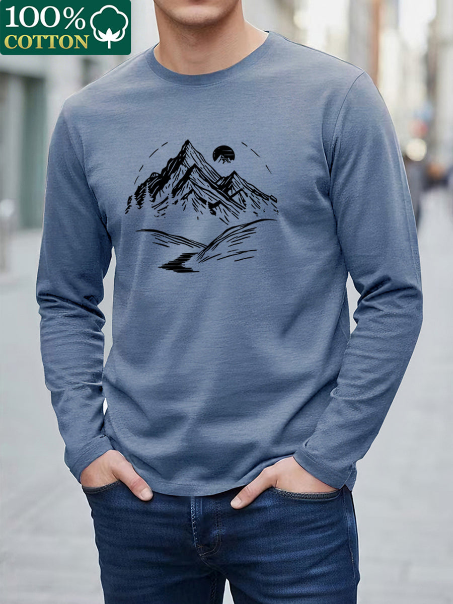 100% Cotton Men's Long-sleeve T-shirt, Pure Cotton Base Layer, Mountain Print Pattern, Suitable for All Seasons, Machine Washable - Sky Blue