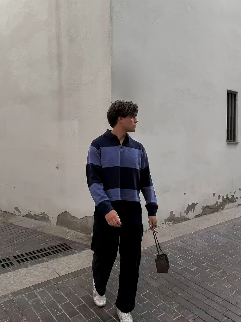 Lazy Off-Shoulder Pearlescent Mist Contrast Horizontal Stripes Lapel Knit Polo Autumn Winter Men'S Casual Long Sleeve Top - Navy Color