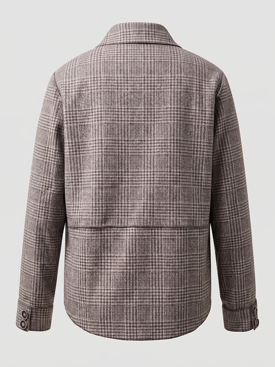 2026 Vintage Gray Houndstooth Short Blazer for Women, Lapel Collar, Single-Breasted, High-End Feel, Simple Commuter Jacket Top - Coffee Color