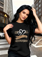 Leopard Print Heart Glitter-themed Pattern Print, Fashionable Breathable T-shirt, for Family Travel,, Casual S, Daily Commutes, Matching Outfits for Sisters, Versatile T-shirt 30057 - Black