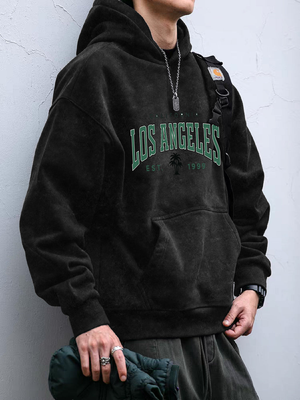 Vintage Print Men's Hoodie Jacket, Simple, Comfortable, and Breathable, Casual and Trendy, Men's Pocket Hooded Sweatshirt, American Vintage High Street Style, Washed and Distressed for Durability, Machine Washable, Suitable for Streetwear - Black