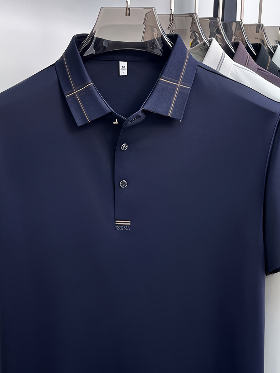 Men's Summer Polo Shirt with Plaid Contrast Collar, Seamless Construction for a Restrictive-Free Feel, a Comfortable Choice for Summer Commuting, Outdoor Activities, and Business Meetings - SINBOS - Dark Blue