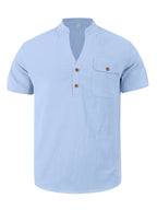 3pcs Set Men's All-cotton Polo Shirt, Men's Solid Color Loose-fit Casual -textured Workwear V-neck Pocket Henley Shirt with Short Sleeves, Suitable for the Beach, Casual Daily Wear, Commuting, Etc. - Blue White Khaki