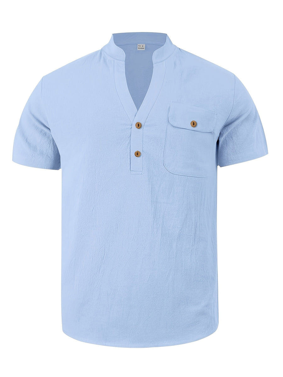 3pcs Set Men's All-cotton Polo Shirt, Men's Solid Color Loose-fit Casual -textured Workwear V-neck Pocket Henley Shirt with Short Sleeves, Suitable for the Beach, Casual Daily Wear, Commuting, Etc. - Blue White Khaki