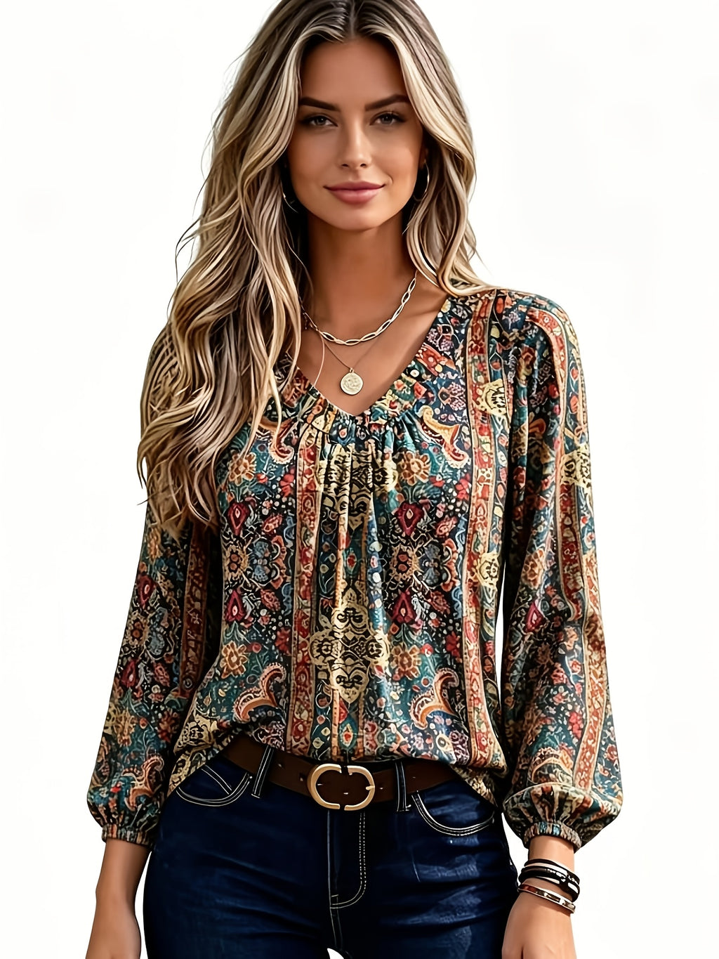 Women' Bohemian Paisley Blouse - V-Neck Ruffled Lantern Sleeve Top with Chest Wrinkle Detail, Loose Fit Ethnic Shirt Suitable for Casual & Dressy Wear, Machine Washable Blouse for Seasons - Multicolor