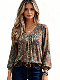 Women' Bohemian Paisley Blouse - V-Neck Ruffled Lantern Sleeve Top with Chest Wrinkle Detail, Loose Fit Ethnic Shirt Suitable for Casual & Dressy Wear, Machine Washable Blouse for Seasons - Multicolor