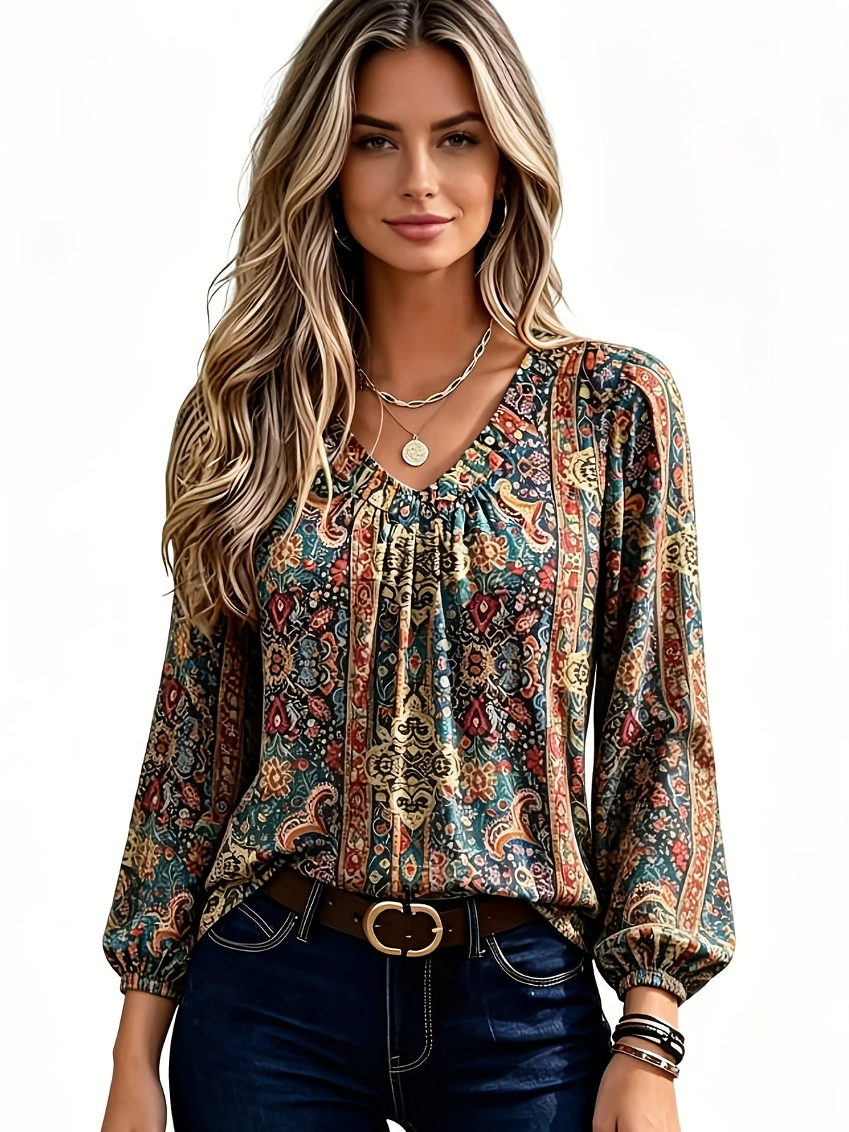 Women' Bohemian Paisley Blouse - V-Neck Ruffled Lantern Sleeve Top with Chest Wrinkle Detail, Loose Fit Ethnic Shirt Suitable for Casual & Dressy Wear, Machine Washable Blouse for Seasons - Multicolor