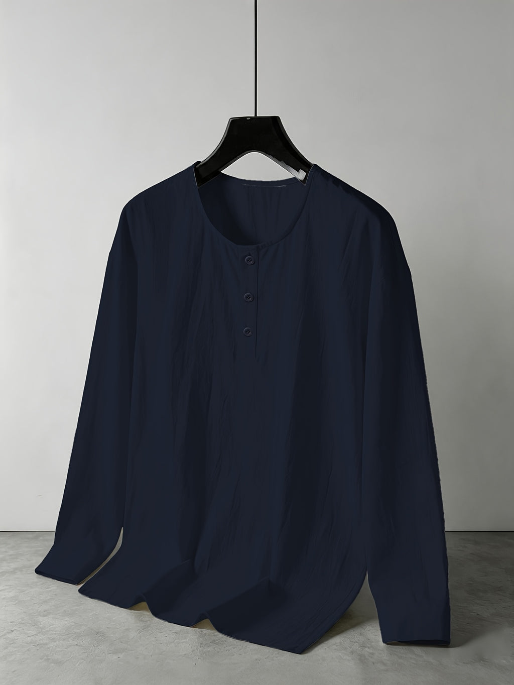 Men's Linen Henley Collar Long Sleeve Loose Fit Casual Vacation Top - Navy Color