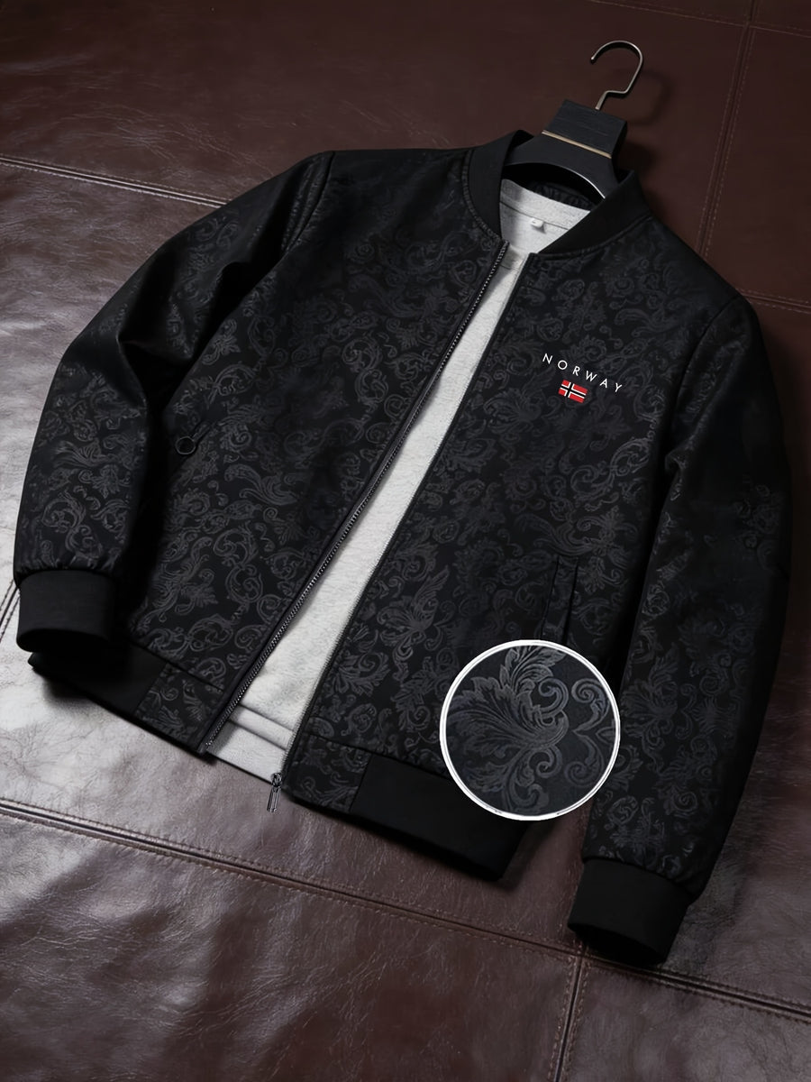 New Spring/Autumn Norwegian Print Zipper Cardigan Jacket for Men, Full-Print Loose Fit Sport Baseball Jacket, Men's Fashion Versatile Outerwear - Black