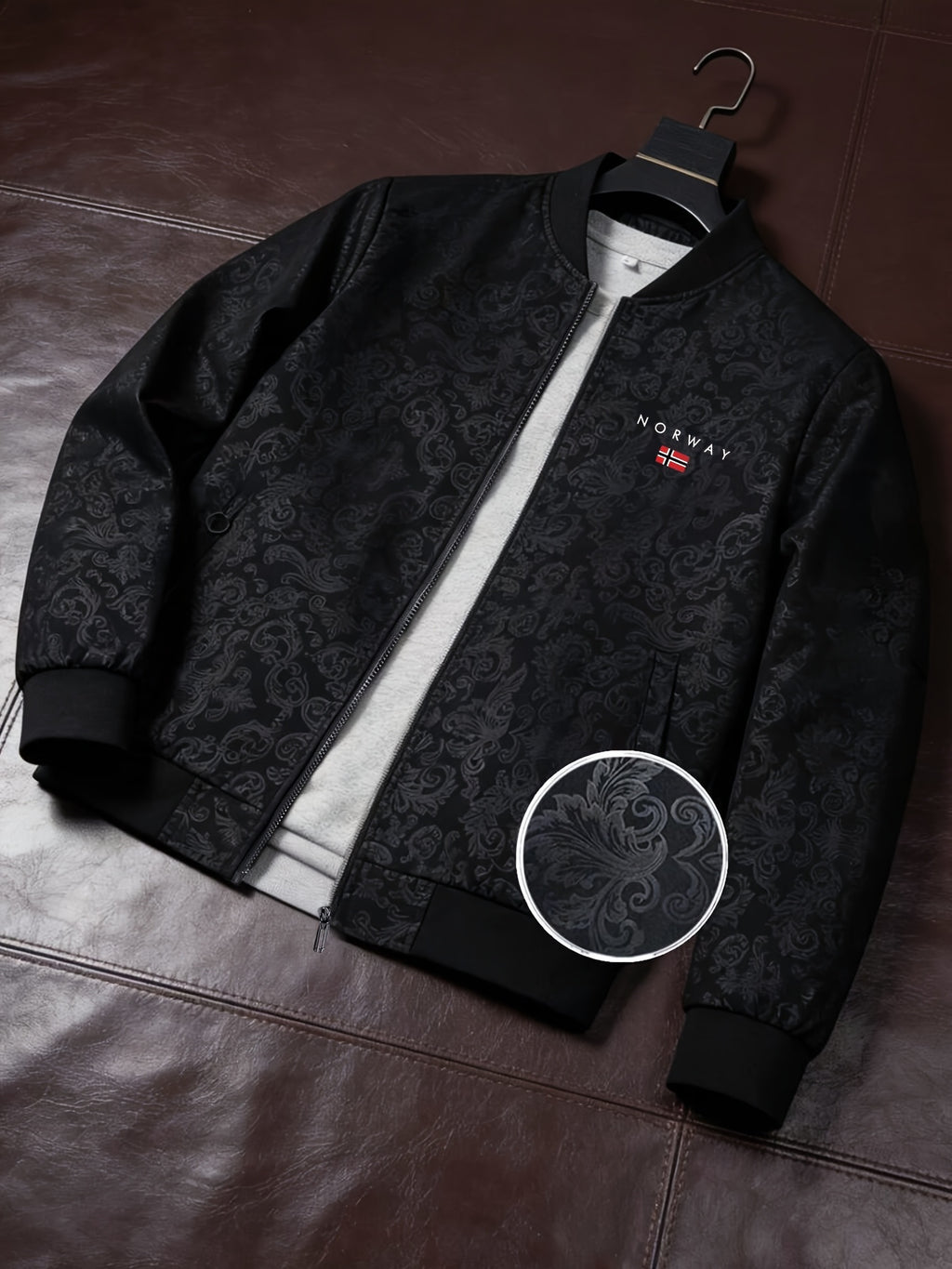 New Spring/Autumn Norwegian Print Zipper Cardigan Jacket for Men, Full-Print Loose Fit Sport Baseball Jacket, Men's Fashion Versatile Outerwear - Black