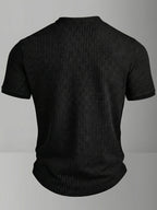 ROYALBOY Spring New Men's Casual Fashion Textured Two-Tone Striped Henley Shirt - Short Sleeve, Stand Collar, Suitable for Casual Outdoor Wear, Machine Washable, 100% Polyester Durable Wear-Resistant Fabric - Black