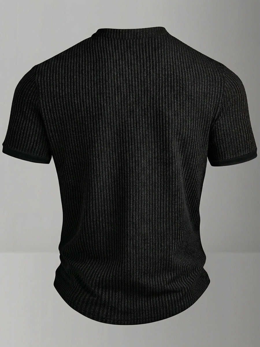 ROYALBOY Spring New Men's Casual Fashion Textured Two-Tone Striped Henley Shirt - Short Sleeve, Stand Collar, Suitable for Casual Outdoor Wear, Machine Washable, 100% Polyester Durable Wear-Resistant Fabric - Black