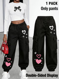 New Arrival - Women's Cargo Pants Sold Individually, Cute and Fun Heart Print Work Pants with Multiple Pockets, Cargo Pants Style, Long Pants for Fashionable Aged 18-25, Machine Washable, Durable Fabric - Suitable for Spring and Summer - Black