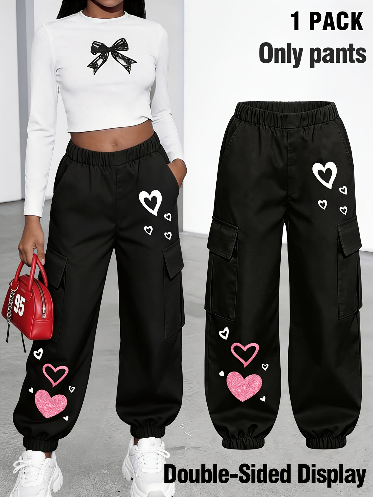 New Arrival - Women's Cargo Pants Sold Individually, Cute and Fun Heart Print Work Pants with Multiple Pockets, Cargo Pants Style, Long Pants for Fashionable Aged 18-25, Machine Washable, Durable Fabric - Suitable for Spring and Summer - Black