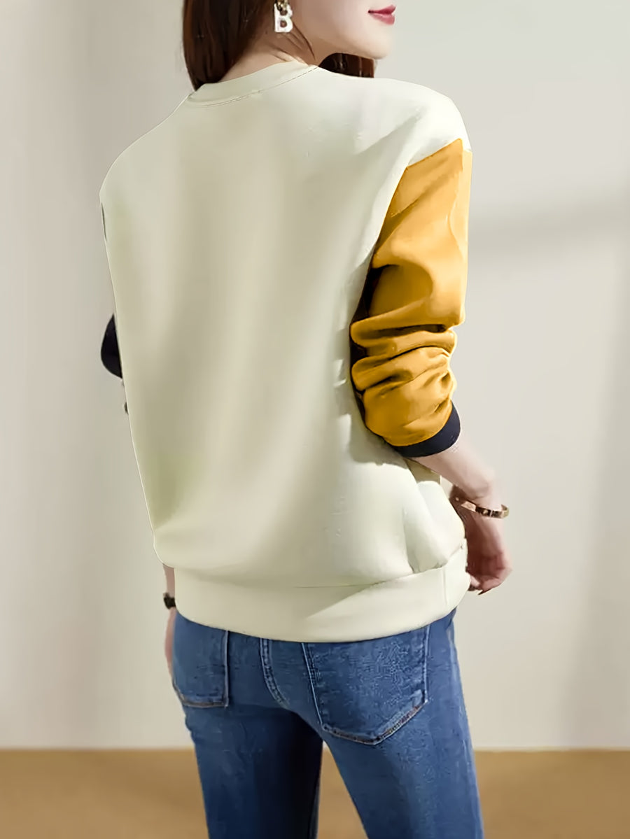 Fall Winter Women'S Fashion Color-Block Artistic Geometric Split Daily Casual Commute Sweatshirt - 【Light Yellow】
