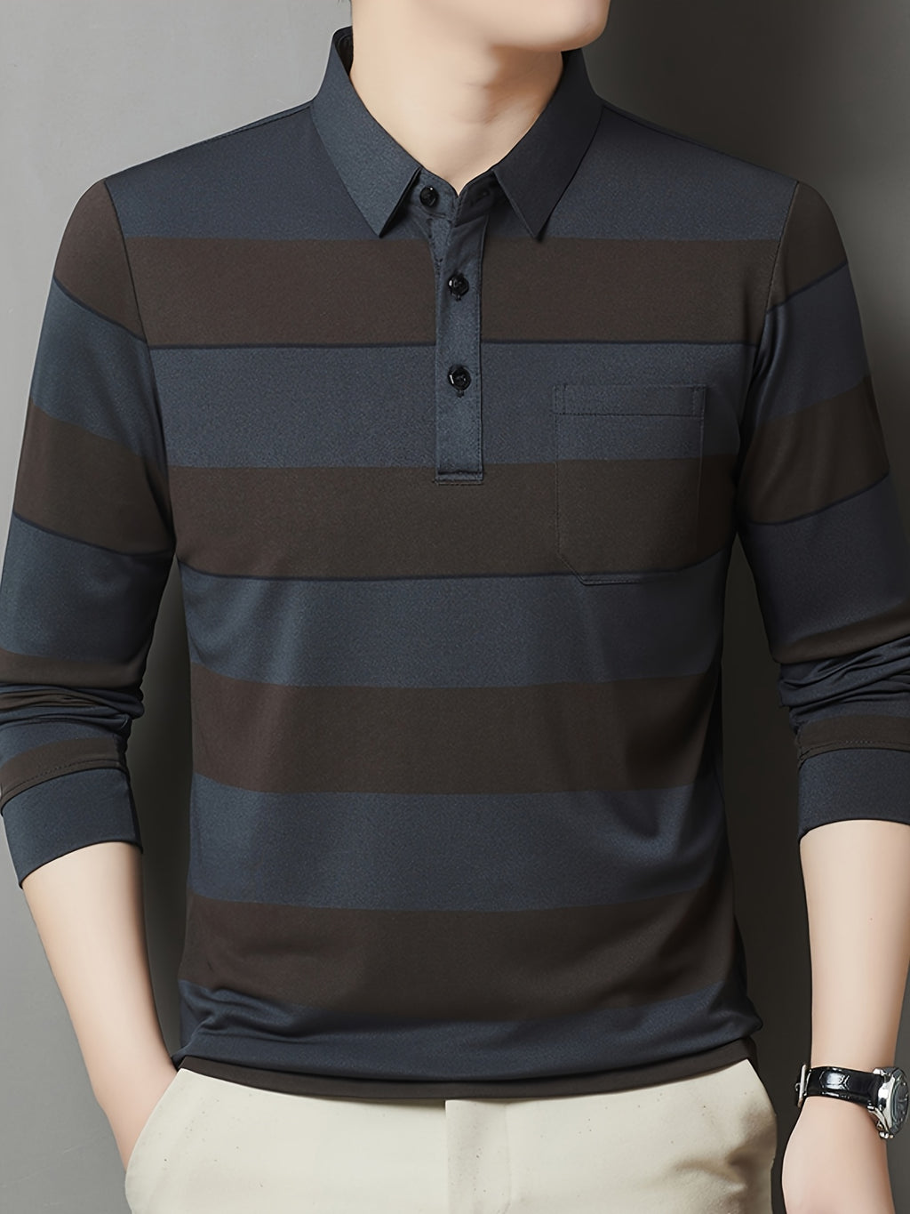SaXing OBM Men's New Spring/Autumn Polo Shirt, Contrast Color Half-Open Placket Single-Breasted Polo Collar Long Sleeve Pullover Base Layer Top, Suitable for Spring, Summer, Autumn, and Winter Wear, Versatile for Daily and Casual Wear - Deep Gray