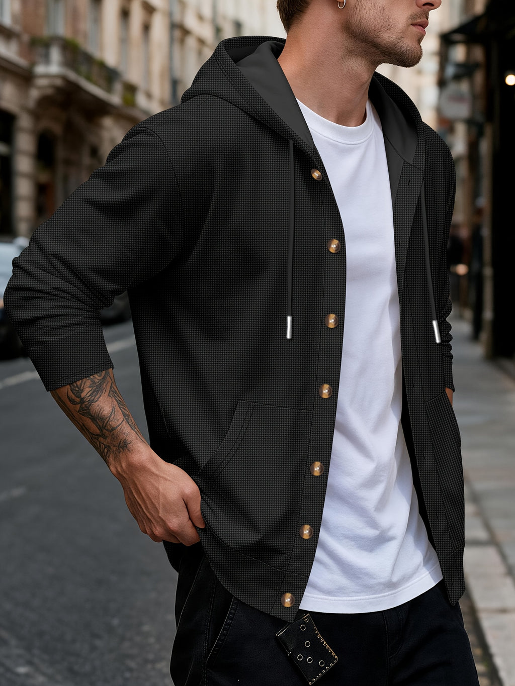 New Fall Winter Men'S Cardigan Hoodie - Button-Front Sporty Casual Sweatshirt, Soft And Comfortable, Versatile Streetwear Gentleman Top Winter Clothes for Men - Black