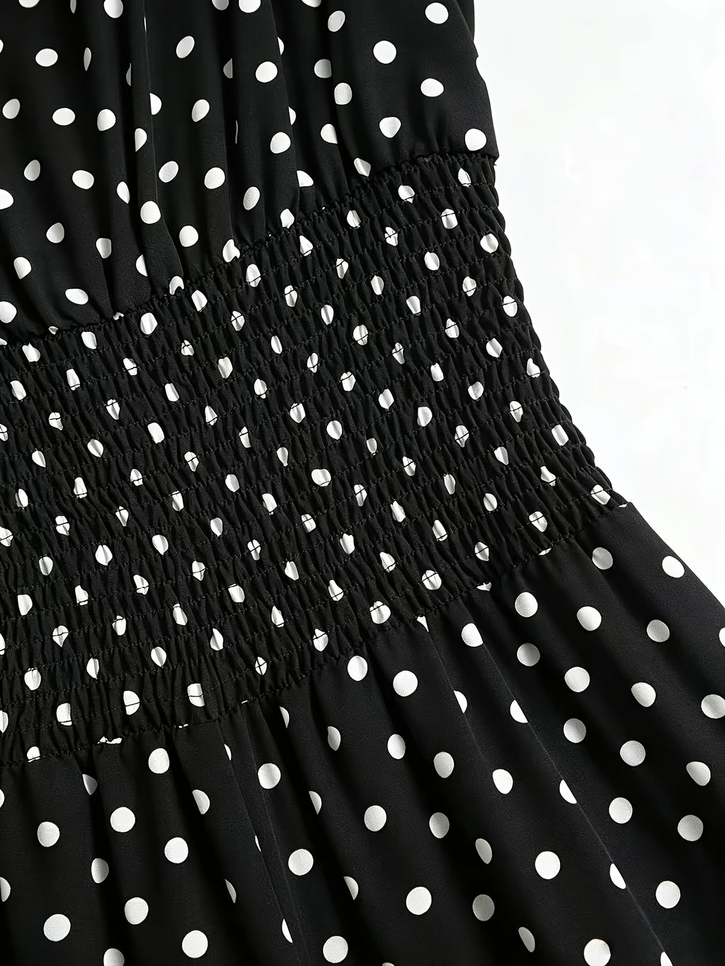 Women'S New Retro Polka Dot Print Jumpsuit, Shoulder Bow Tie Detail, Round Neck Sleeveless Back Slit Button Design, Elastic Ruched Waist, Summer Casual Beach Vacation Outfit, Elegant Commute, Date Outing Daily Wear Long Length Wide Leg Trousers - Black