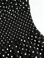 Women'S New Retro Polka Dot Print Jumpsuit, Shoulder Bow Tie Detail, Round Neck Sleeveless Back Slit Button Design, Elastic Ruched Waist, Summer Casual Beach Vacation Outfit, Elegant Commute, Date Outing Daily Wear Long Length Wide Leg Trousers - Black