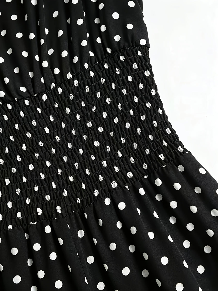 Women'S New Retro Polka Dot Print Jumpsuit, Shoulder Bow Tie Detail, Round Neck Sleeveless Back Slit Button Design, Elastic Ruched Waist, Summer Casual Beach Vacation Outfit, Elegant Commute, Date Outing Daily Wear Long Length Wide Leg Trousers - Black