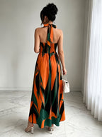 New French-Style Casual Elegant Sexy High-End Design V-Neck Backless Spaghetti Strap Waist-Revealing A-Line Slit Sleeveless Long Dress, Red and Green Floral Print, High-Quality Exquisite Women's Clothing - Tactical Green