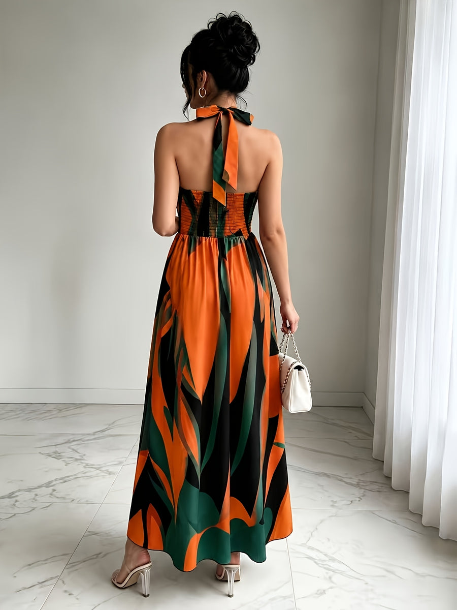 New French-Style Casual Elegant Sexy High-End Design V-Neck Backless Spaghetti Strap Waist-Revealing A-Line Slit Sleeveless Long Dress, Red and Green Floral Print, High-Quality Exquisite Women's Clothing - Tactical Green