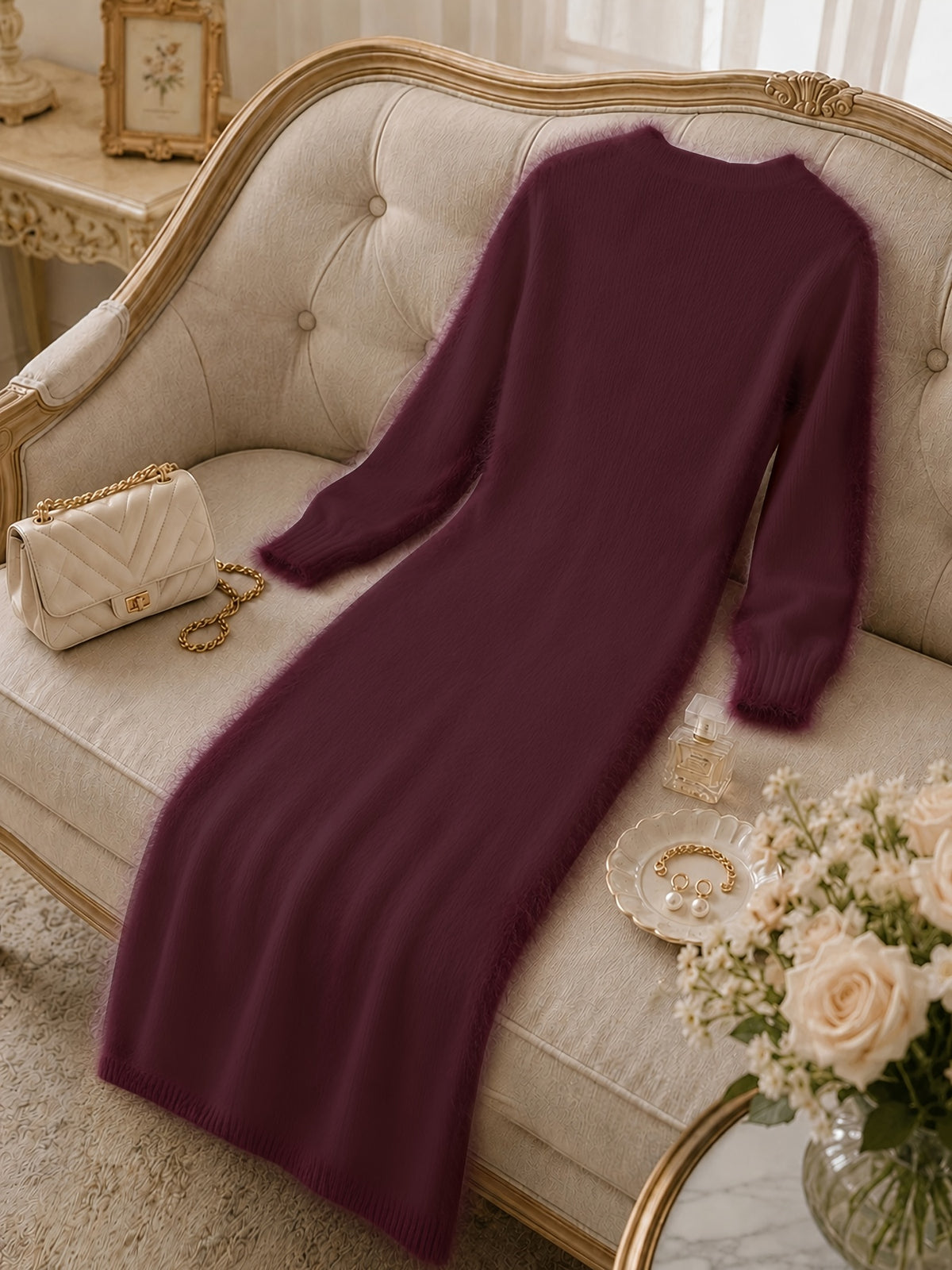 Women's Casual Plush Maxi Dress, V-Neck Long Sleeve Button Front Split Sweater Dress, Versatile for Autumn/Winter Daily Commuting, Soft and Comfortable Fabric, Christmas Style, Suitable for Party Outfits and Banquet Attire - Burgundy